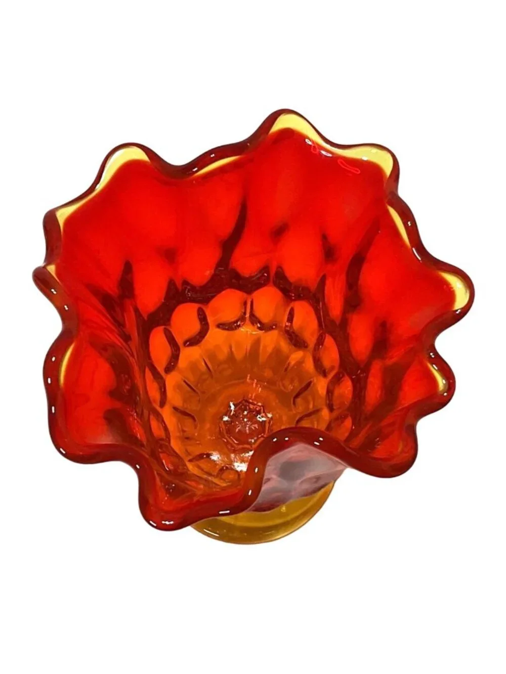 Vtg Fenton Art Glass Vase UV Thumbprint Amberina Handkerchief Swung w/ Pedestal